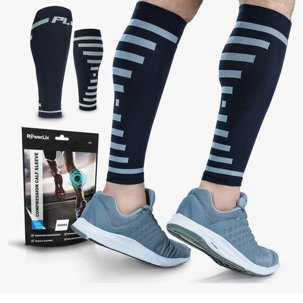 POWERLIX Unisex Pair Compression Calf Sleeves Black/Grey Striped Size S/M
